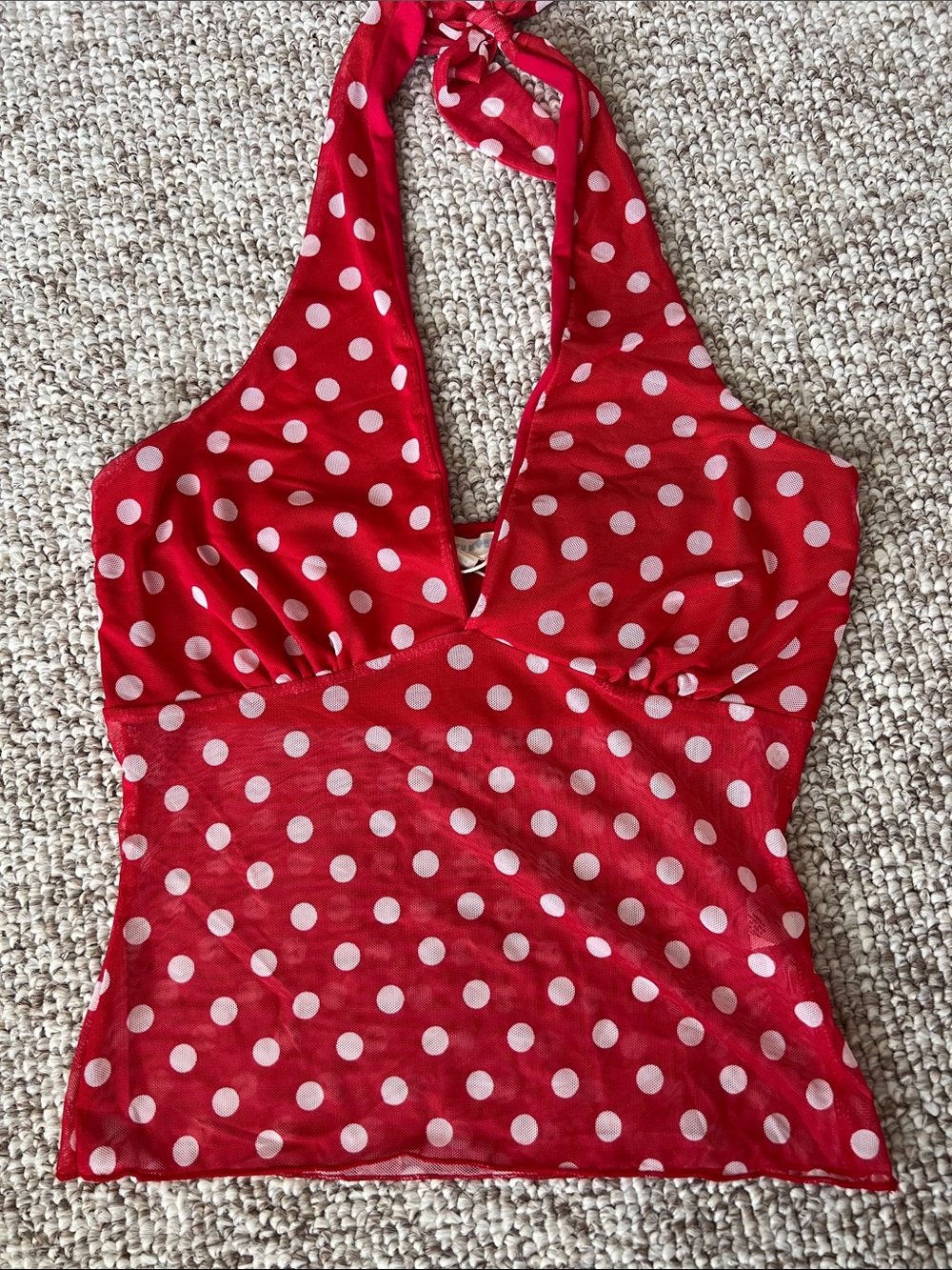 See You Monday Red and White Polka Dot Mesh Women’s Halter Top, Medium